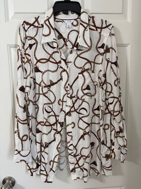 Intro Long Sleeve Button Up White Top with Equestrian Rope Print